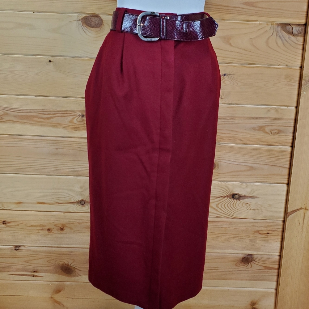 Dark Red‎ Belted Button Up Front Wool Lined Skirt SZ 13/14